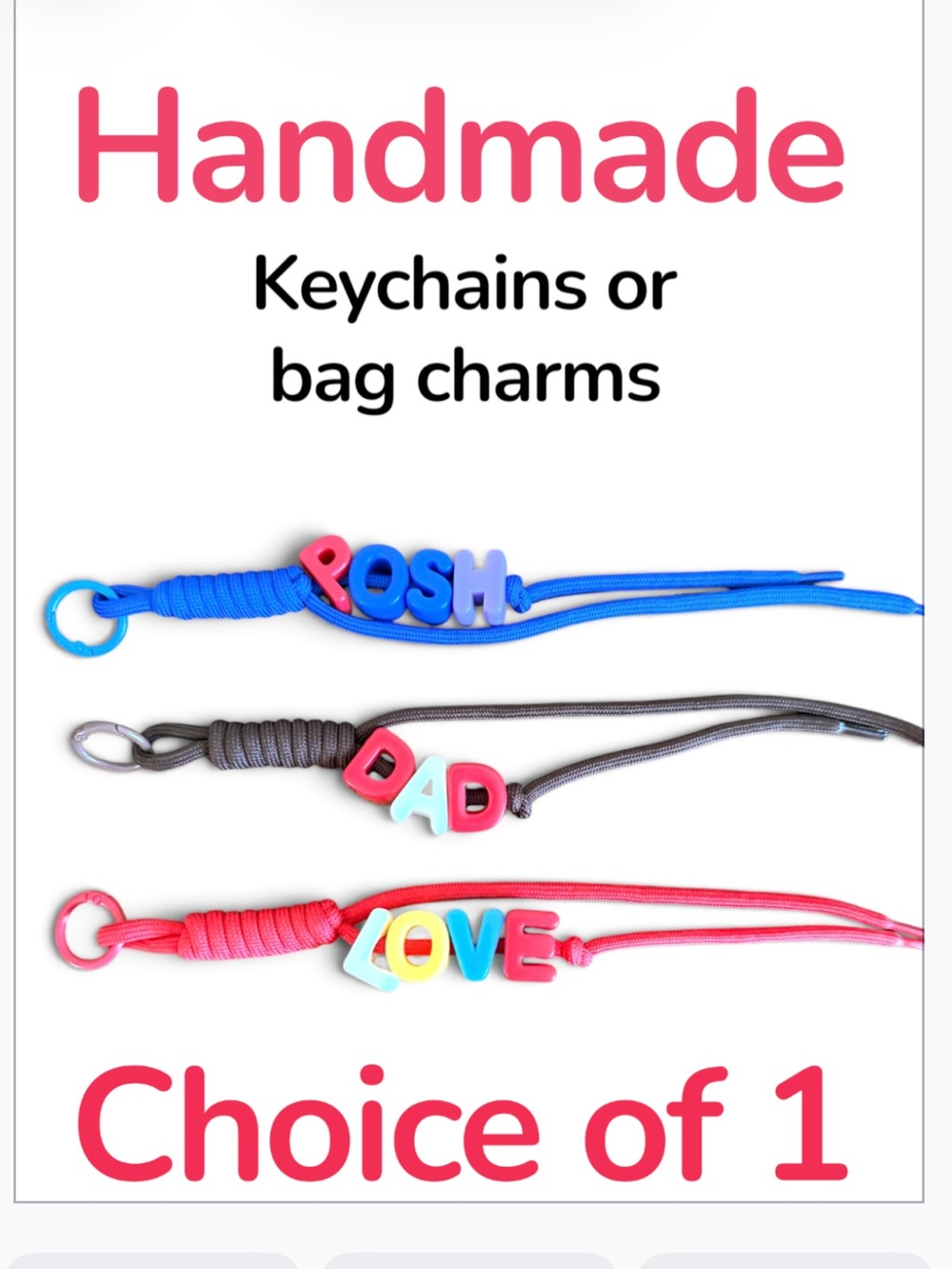 Handmade paracord Keychains or Bag Charms with large letter beads NEW